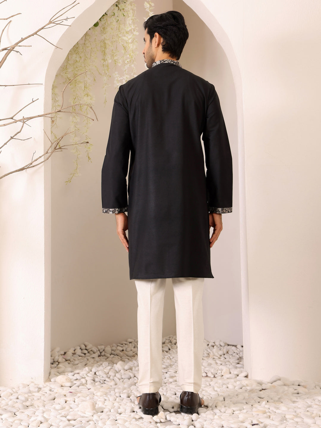 Black Delux Cotton Straight Kurta with Jacquard Neck Design