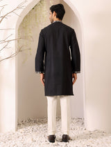 Black Delux Cotton Straight Kurta with Jacquard Neck Design