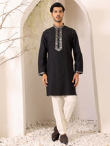 Black Delux Cotton Straight Kurta with Jacquard Neck Design