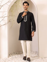 Black Delux Cotton Straight Kurta with Jacquard Neck Design