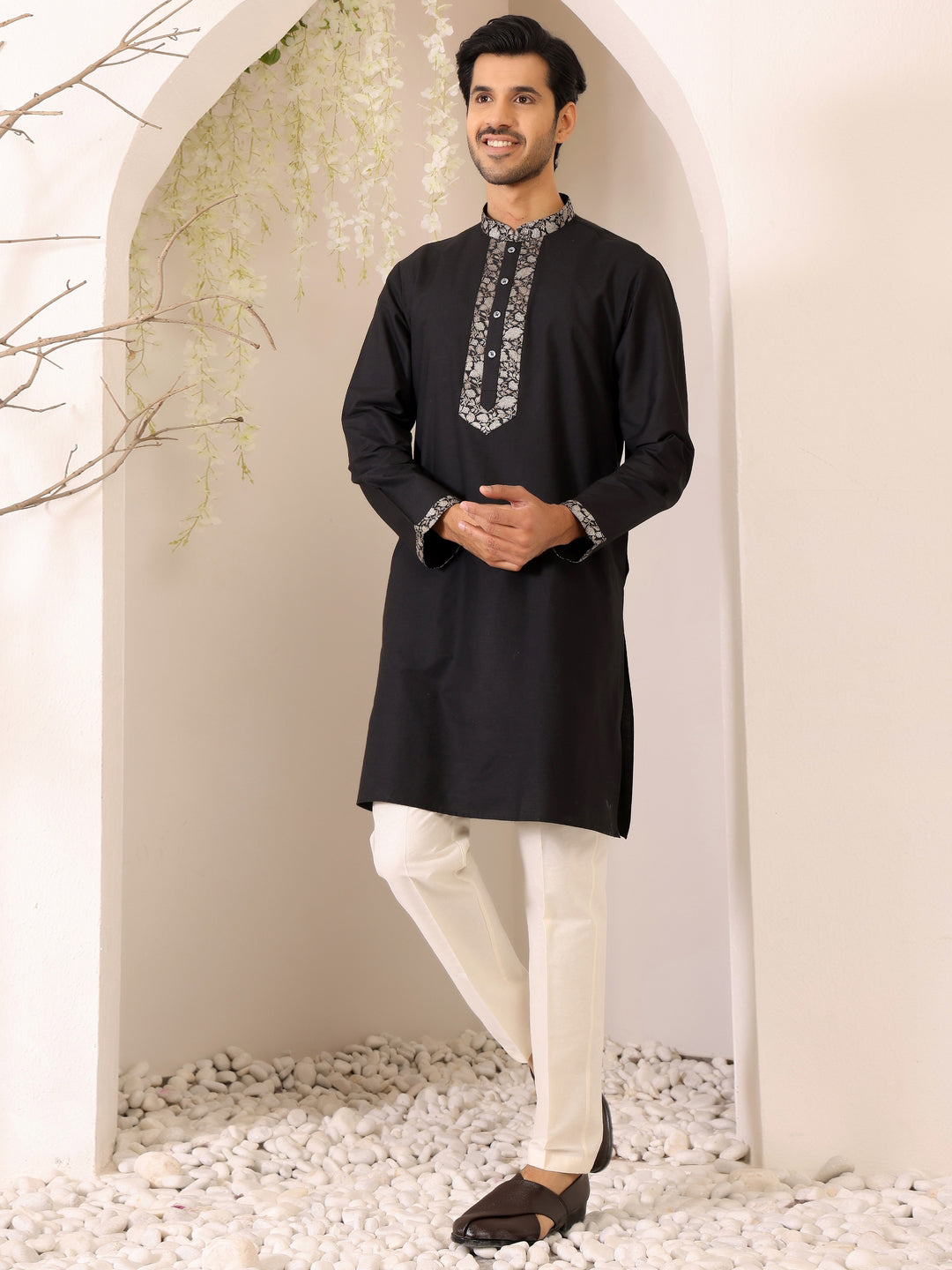 Black Delux Cotton Straight Kurta with Jacquard Neck Design