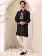 Black Delux Cotton Straight Kurta with Jacquard Neck Design