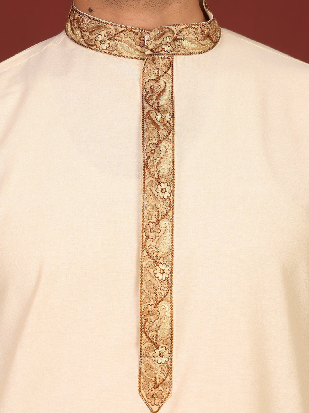 Cream Delux Cotton Straight Kurta with Embroidered Neck