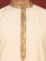 Cream Delux Cotton Straight Kurta with Embroidered Neck