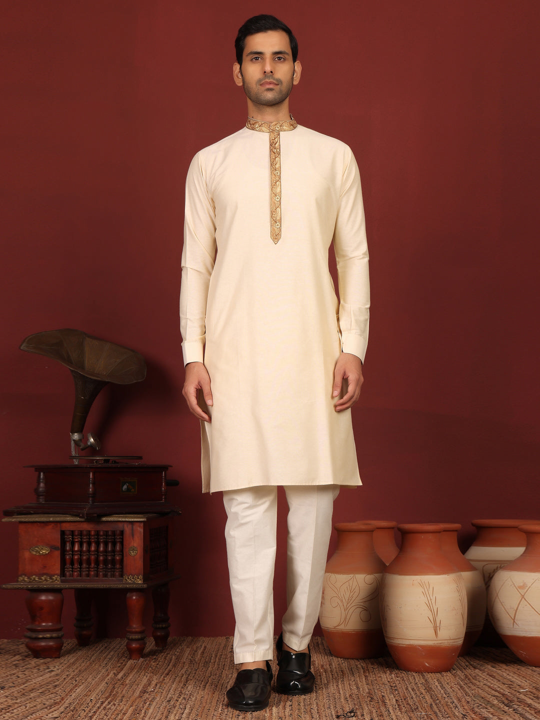 Cream Delux Cotton Straight Kurta with Embroidered Neck