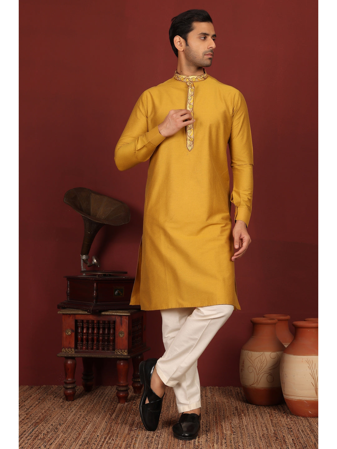 Dark Gold Delux Cotton Straight Kurta with Embroidered Neck
