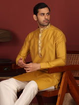 Dark Gold Delux Cotton Straight Kurta with Embroidered Neck