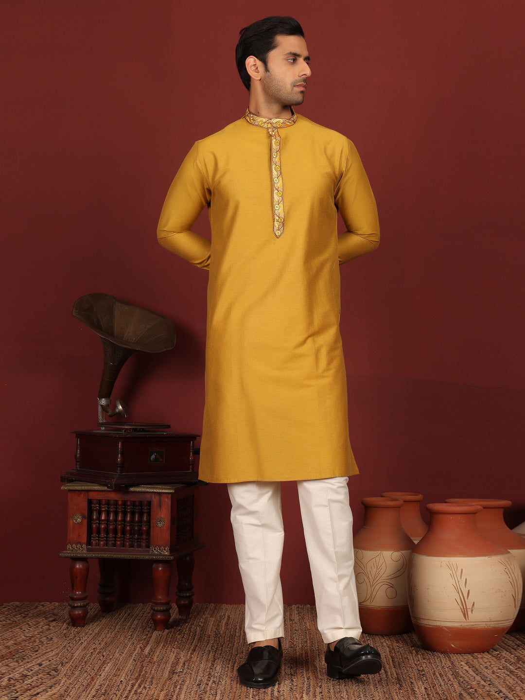 Dark Gold Delux Cotton Straight Kurta with Embroidered Neck