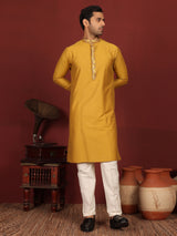 Dark Gold Delux Cotton Straight Kurta with Embroidered Neck