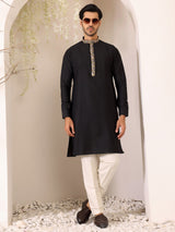 Charcoal Black Delux Cotton Straight Kurta with Embroidered Neck