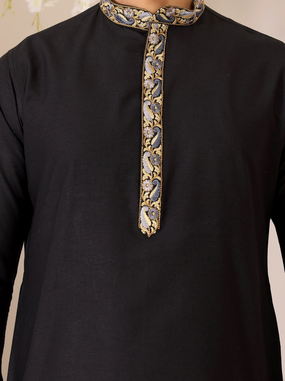 Charcoal Black Delux Cotton Straight Kurta with Embroidered Neck