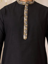 Charcoal Black Delux Cotton Straight Kurta with Embroidered Neck