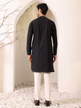Charcoal Black Delux Cotton Straight Kurta with Embroidered Neck
