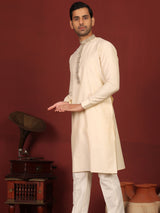Dairy Cream Delux Cotton Straight Kurta with Embroidered Neck
