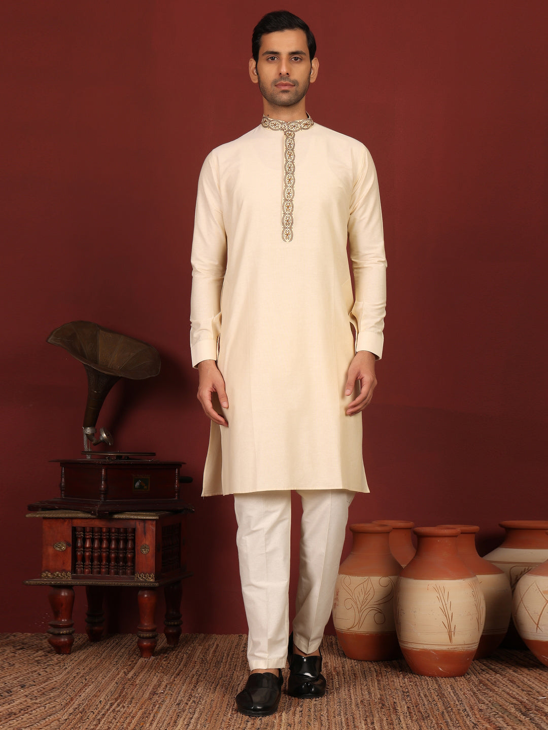 Dairy Cream Delux Cotton Straight Kurta with Embroidered Neck