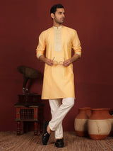 Light Orange Delux Cotton Straight Kurta with Jacquard Neck Design