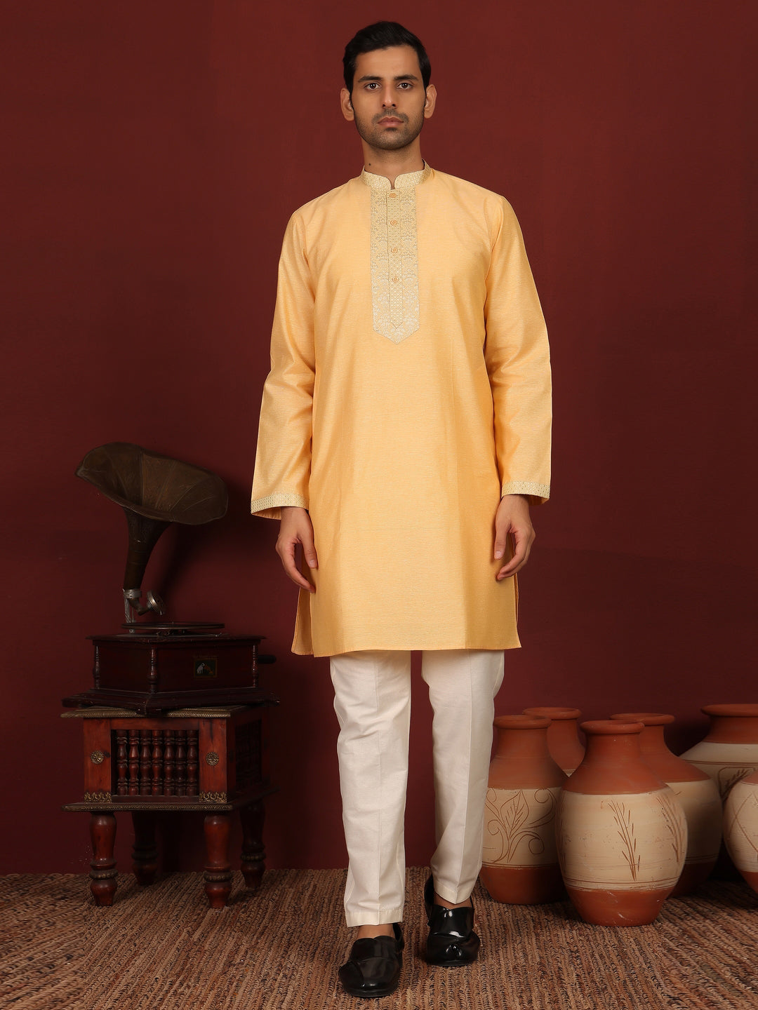 Light Orange Delux Cotton Straight Kurta with Jacquard Neck Design