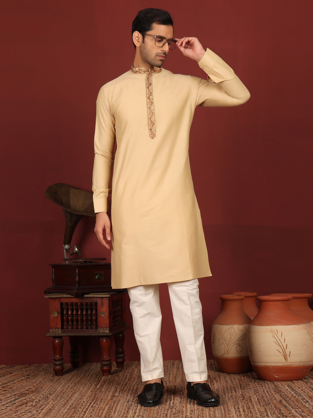 Light Beige Delux Cotton Straight Kurta with Embroidered Neck