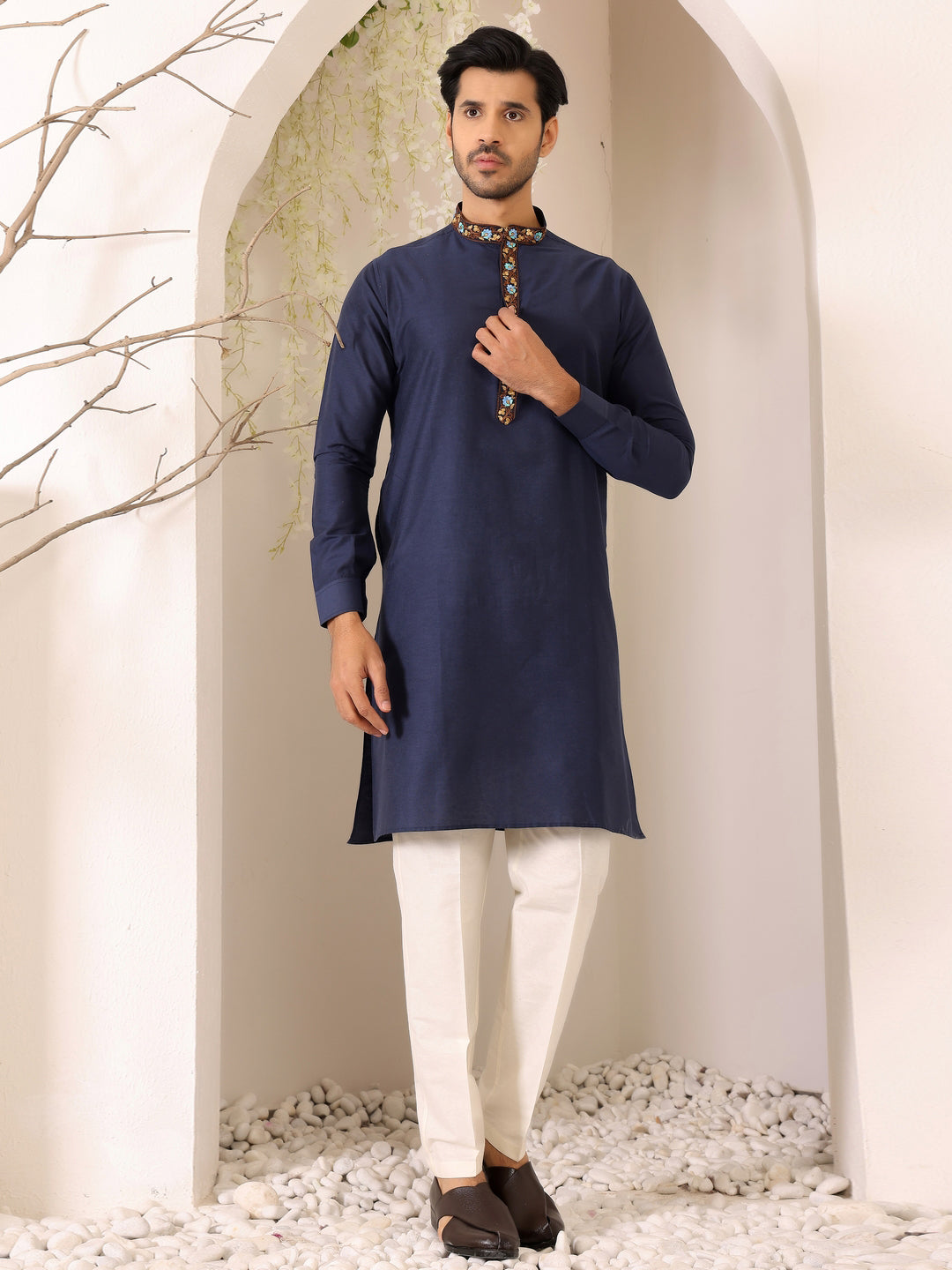 Navy Blue Delux Cotton Straight Kurta with Embroidered Neck