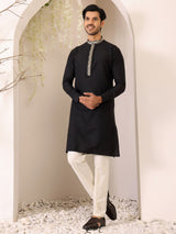 Midnight Black Delux Cotton Straight Kurta with Embroidered Neck