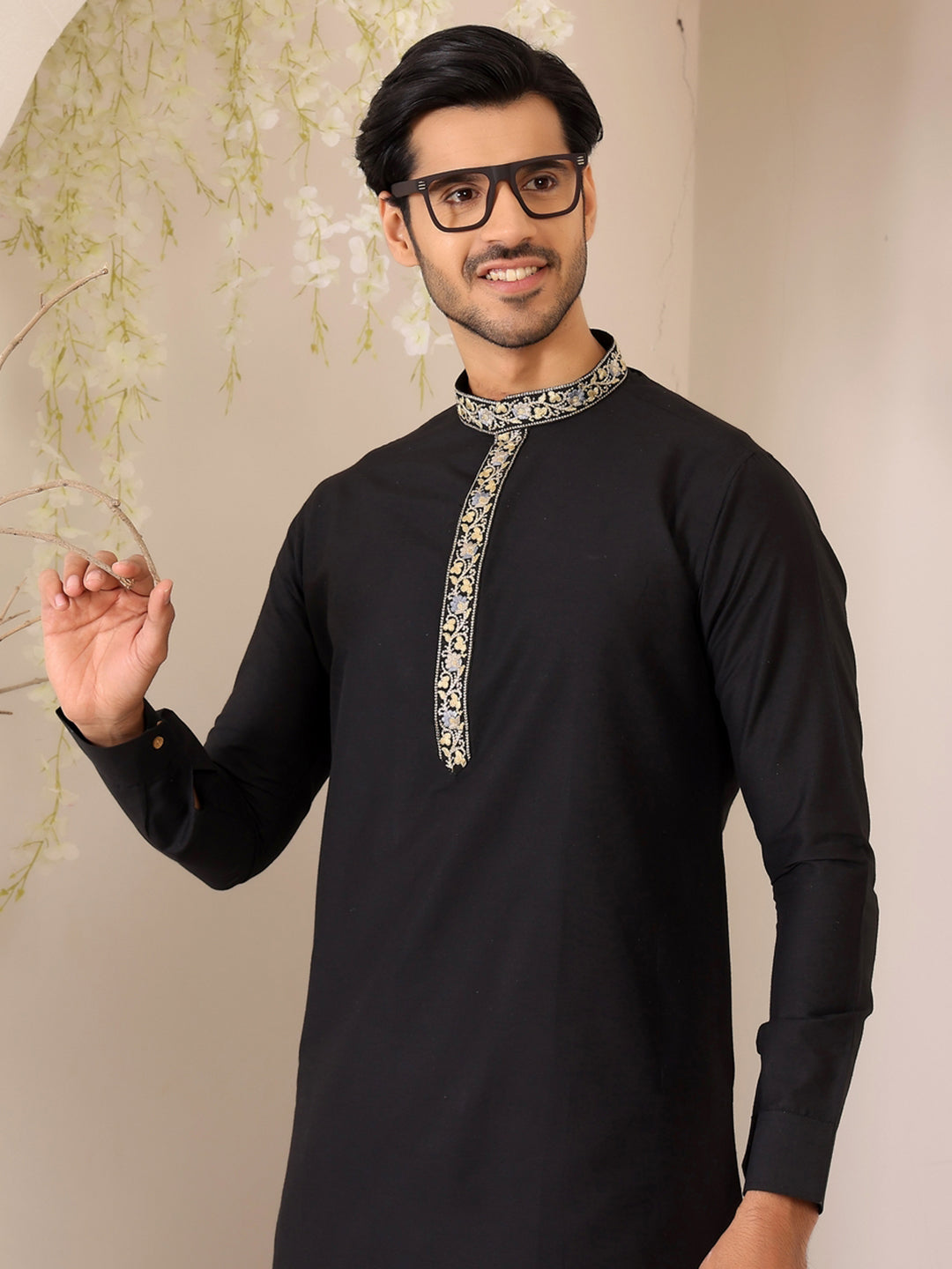 Midnight Black Delux Cotton Straight Kurta with Embroidered Neck