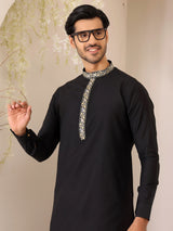 Midnight Black Delux Cotton Straight Kurta with Embroidered Neck