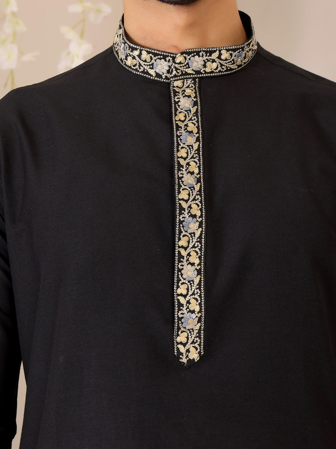 Midnight Black Delux Cotton Straight Kurta with Embroidered Neck