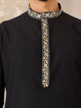 Midnight Black Delux Cotton Straight Kurta with Embroidered Neck