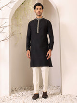 Midnight Black Delux Cotton Straight Kurta with Embroidered Neck