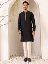 Midnight Black Delux Cotton Straight Kurta with Embroidered Neck