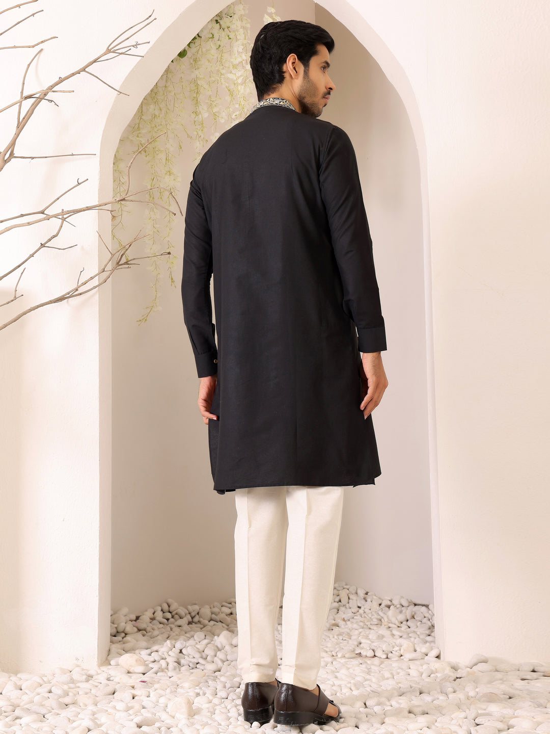 Midnight Black Delux Cotton Straight Kurta with Embroidered Neck