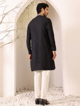Midnight Black Delux Cotton Straight Kurta with Embroidered Neck