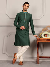 Dark Green Delux Cotton Straight Kurta with Embroidered Neck
