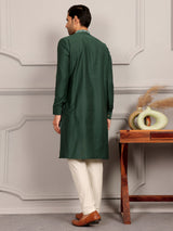 Dark Green Delux Cotton Straight Kurta with Embroidered Neck