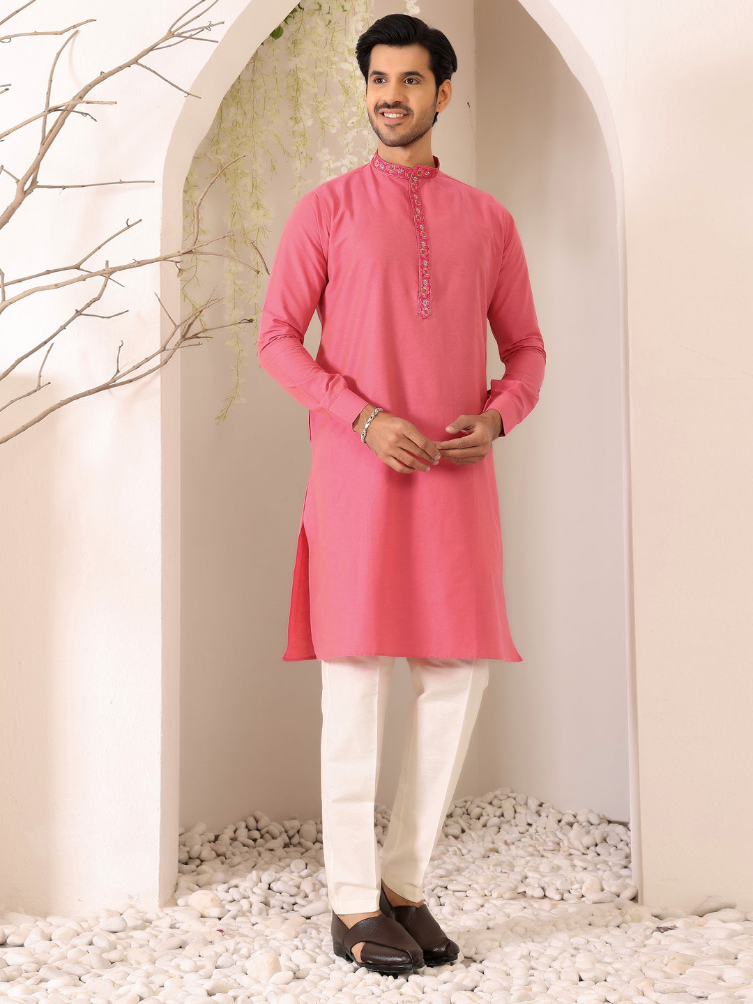 Blush Pink Delux Cotton Straight Kurta with Embroidered Neck
