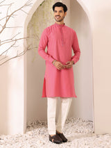 Blush Pink Delux Cotton Straight Kurta with Embroidered Neck