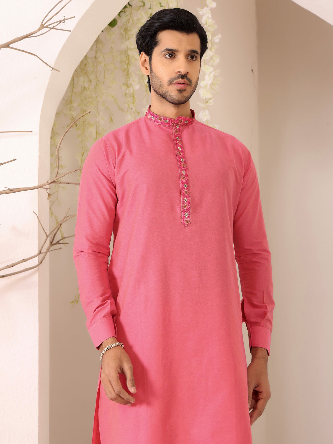 Blush Pink Delux Cotton Straight Kurta with Embroidered Neck