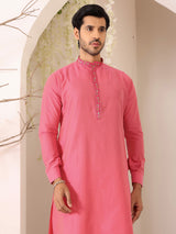 Blush Pink Delux Cotton Straight Kurta with Embroidered Neck