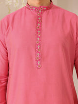 Blush Pink Delux Cotton Straight Kurta with Embroidered Neck