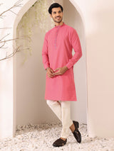 Blush Pink Delux Cotton Straight Kurta with Embroidered Neck