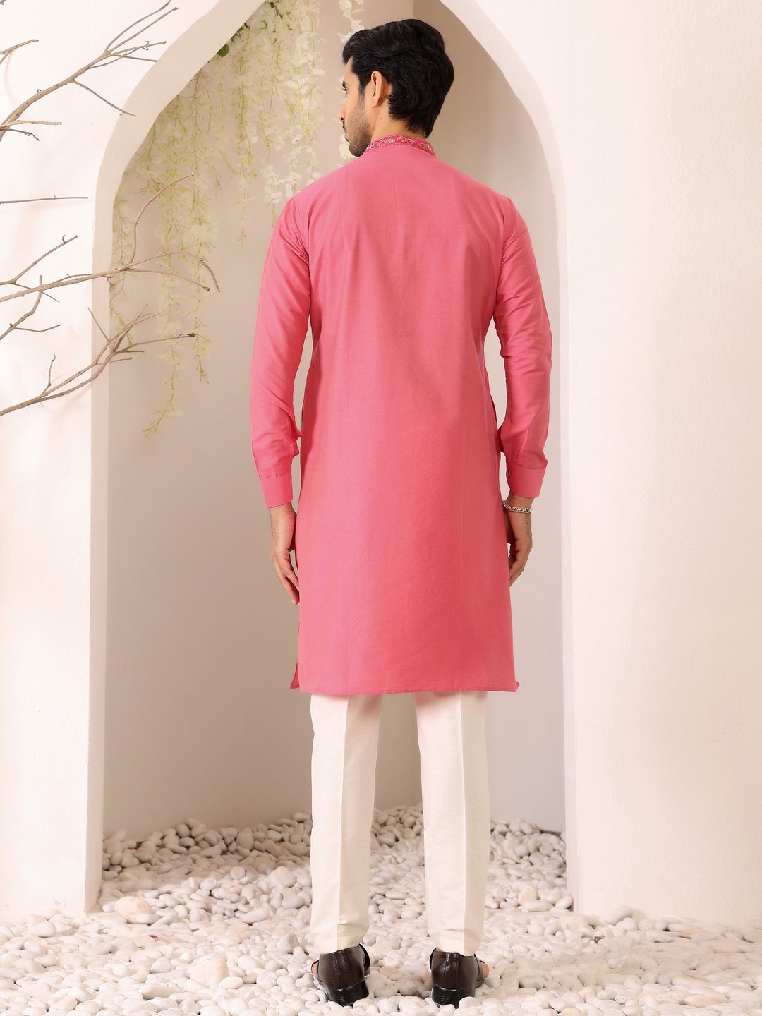 Blush Pink Delux Cotton Straight Kurta with Embroidered Neck