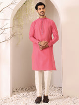 Blush Pink Delux Cotton Straight Kurta with Embroidered Neck