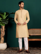Wheat Cream Delux Cotton Straight Kurta with Embroidered Neck