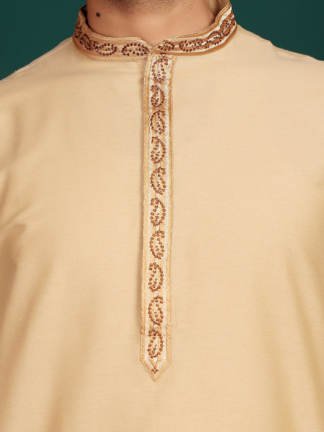 Wheat Cream Delux Cotton Straight Kurta with Embroidered Neck