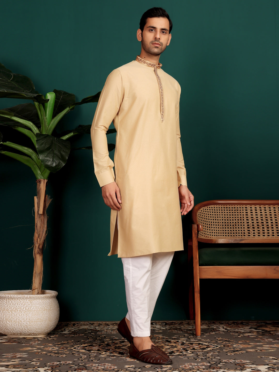 Wheat Cream Delux Cotton Straight Kurta with Embroidered Neck