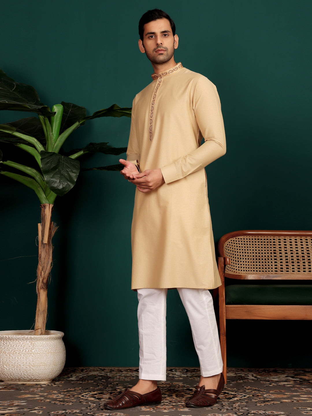 Wheat Cream Delux Cotton Straight Kurta with Embroidered Neck