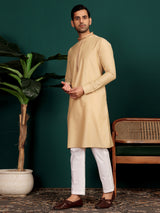 Wheat Cream Delux Cotton Straight Kurta with Embroidered Neck