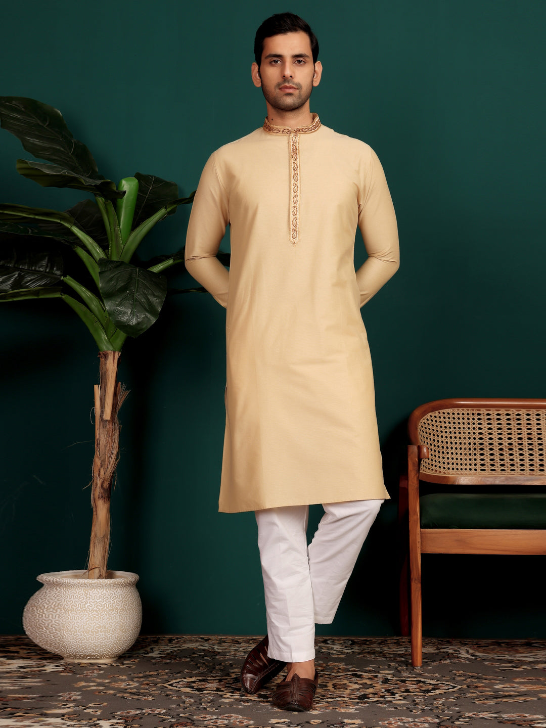Wheat Cream Delux Cotton Straight Kurta with Embroidered Neck