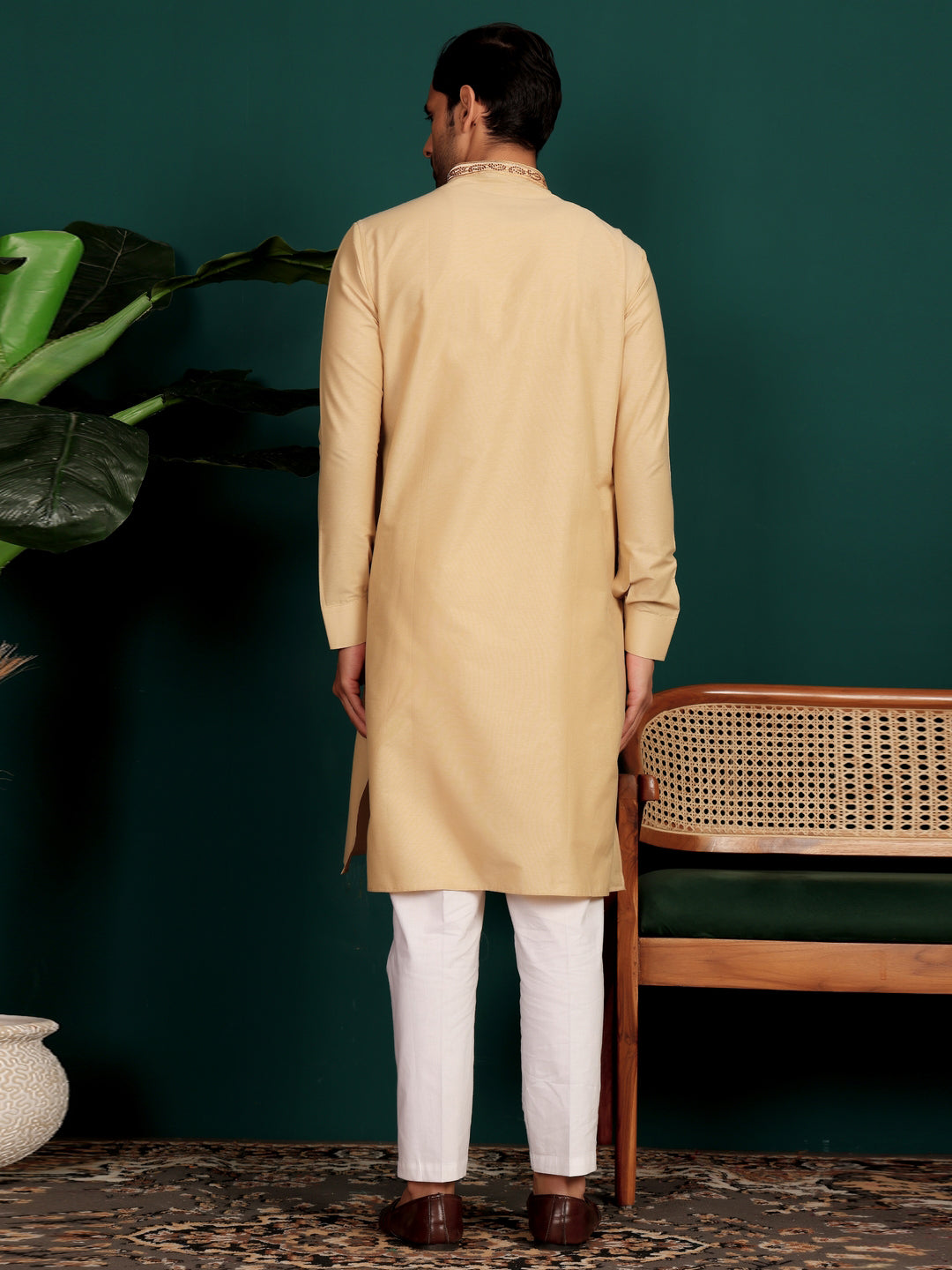 Wheat Cream Delux Cotton Straight Kurta with Embroidered Neck