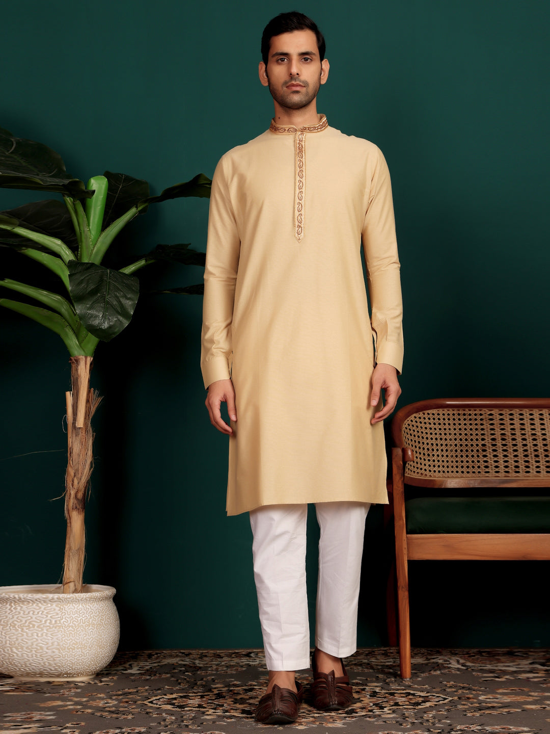 Wheat Cream Delux Cotton Straight Kurta with Embroidered Neck